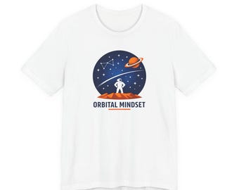 Orbital Mission Patch Astronaut Tee | Minimal Space Silhouette, Orange Planet