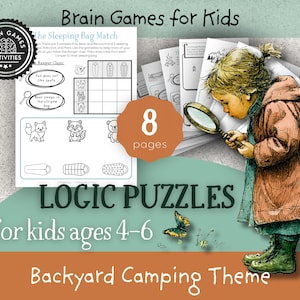 Puede incluir: Un conjunto de actividades infantiles con temática de acampada en el jardín. El conjunto incluye rompecabezas de lógica para niños de 4 a 6 años, con 8 páginas de actividades. La imagen presenta a un niño con una lupa y el texto "Brain Games for Kids".