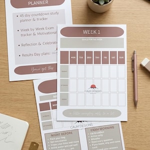 May include: A set of study planners and trackers in neutral tones. The main planner is titled "45 DAY GCSE STUDY PLANNER" and includes sections for weekly goals, exam preparation, and motivational tips. A pen and eraser are also visible.
