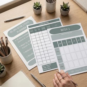 May include: A wooden desk with study planners, pens, and small potted succulents. The planners include a 45-day GCSE study planner, an exam record, and a weekly goals tracker. The color scheme is white and teal. A notebook and pens are also visible.