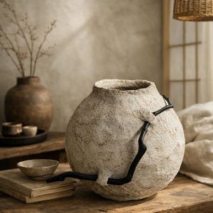 Könnte beinhalten: Eine große, strukturierte, cremefarbene Keramikvase mit einem dunklen, astähnlichen Akzent. Die Vase hat eine runde Form und steht auf einem rustikalen Holztisch. Weitere dekorative Gegenstände befinden sich im Hintergrund.