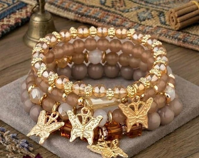 Featured listing image: 4-Piece Butterfly Beaded Bracelet Set: Pink Acrylic Boho Stackable Jewelry