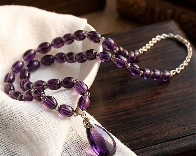 Featured listing image: Raw Amethyst Teardrop Pendant Necklace, Boho Healing Crystal Jewelry necklace