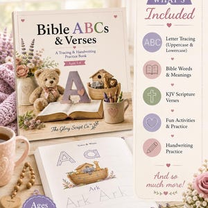 May include: A Bible ABCs & Verses tracing and handwriting practice book for ages 3-8. The cover features a teddy bear, a wooden ark, and the letter A. The side panel lists contents including letter tracing, Bible words, and KJV scripture verses.