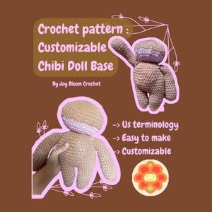 Peut inclure: Un modèle de crochet pour une base de poupée chibi personnalisable par Joy Bloom Crochet. L'image montre deux poupées crochetées couleur beige avec des visages violet clair, accompagnées de texte incluant US terminology, easy to make, customizable.