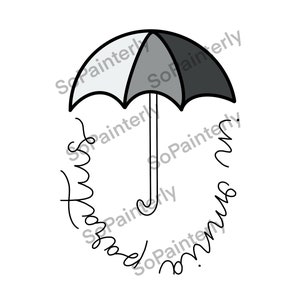 May include: A black and white umbrella with a single line drawing of the words "Tomorrow" and "Always" around it.