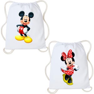 May include: Two white drawstring bags featuring cartoon characters. One bag displays Mickey Mouse with black ears, red shorts, and yellow shoes. The other bag displays Minnie Mouse wearing a red and white polka dot dress and bow with yellow shoes.