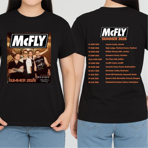 T-shirt avec dates de tournée McFly été 2026, produits dérivés pour concerts au Royaume-Uni, t-shirt imprimé devant et dos, Twin Atlantic, cadeau Remember Monday