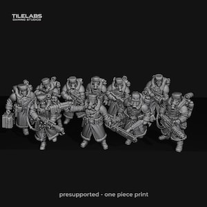 May include: A set of ten grey miniature soldier figurines from TILELABS GAMING STUDIOS. Each figure wears a fur-lined coat, a hat, and a gas mask, and carries various weapons including rifles, a chainsaw, and a briefcase. Text reads presupported - one piece print.