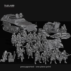 May include: A grayscale image of a military diorama featuring a tracked vehicle, artillery, soldiers, and a banner. The soldiers are in various poses, some kneeling and others standing, all holding weapons. The text "presupported - one piece print" is at the bottom.