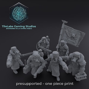 Könnte beinhalten: Eine Gruppe grauer Miniaturfiguren, vermutlich für Tabletop-Spiele, ist abgebildet. Sie tragen Gasmasken, Wintermäntel und tragen Waffen. Eine Figur hält eine Flagge mit einem Totenkopf-Emblem. Der Text "presupported - one piece print" steht unten.