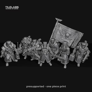 Puede incluir: Un conjunto de siete figuras de soldados en miniatura de color gris con abrigos largos y gorros de piel, cada uno con una máscara de gas. Una figura sostiene un gran estandarte con un emblema de calavera y alas. El texto TILELABS GAMING STUDIOS y presupported - one piece print es visible.