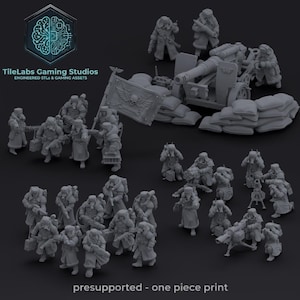 May include: A collection of grey miniature figurines, including soldiers, a cannon, and a banner. The text "TileLabs Gaming Studios" and "presupported - one piece print" are visible.