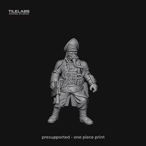May include: A gray 3D-printed miniature of a soldier wearing a gas mask, military uniform, and cap. The miniature has a pistol and is standing. The text "presupported - one piece print" is at the bottom.