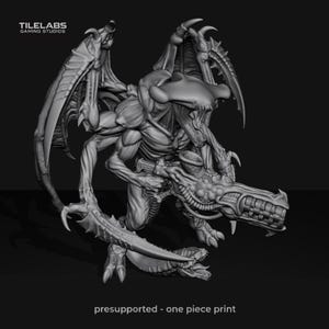 May include: A gray, unpainted miniature figurine of a winged creature with a hammer-shaped head, sharp claws, and a large, complex firearm. The text TILELABS GAMING STUDIOS appears in the top left, and presupported - one piece print is at the bottom.