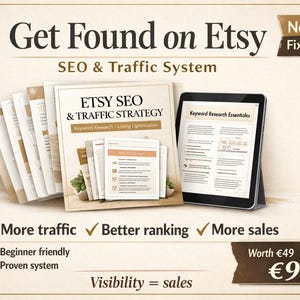 May include: An advertisement for an Etsy SEO and traffic system. The image features a stack of printed guides, a tablet displaying keyword research, and text that reads "Get Found on Etsy" and "SEO & Traffic System."