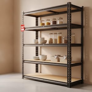 May include: A dark metal shelving unit with five tiers and light-colored wooden shelves. A red tag on the side displays the text 72 inches. The shelves hold various clear glass jars filled with dry goods, white bowls, and two woven storage baskets.