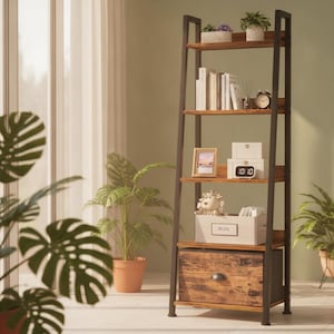 May include: A five-tier ladder shelf with a black metal frame and rustic brown wood shelves. The unit features four open shelves holding books, plants, a clock, and decor, plus a bottom drawer with a metal handle labeled with the text RUIX.