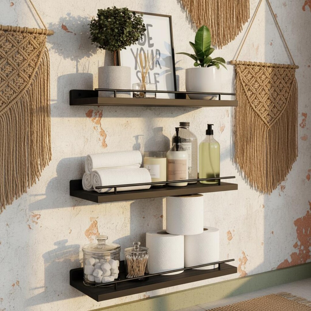 Shelf Set Floating Shelves Set of 3 Wall Shelves Modern Black Wood Shelf With ...