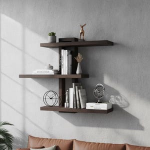 Adjustable Floating Cube Shelves, Dark Walnut Wall Shelf Set, Pine Wood Display Shelves, Modern Living Room Storage Decor