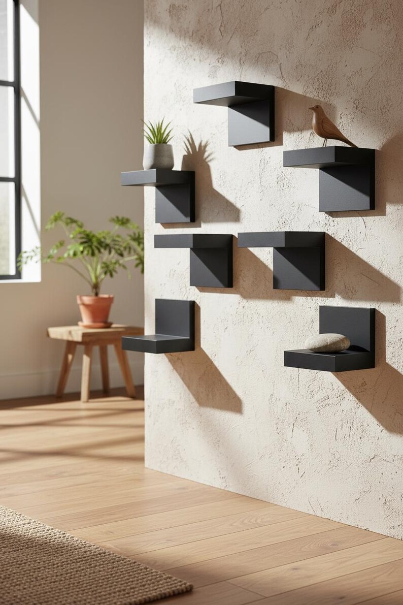 Mini Shelf Collection 7 Pack Small Floating Shelves Black L Shape Mini Wall Shelf Set Modern ...