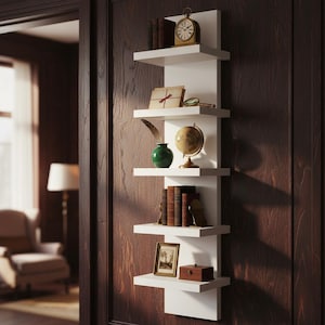 Floating Wall Shelf 5 Tier Narrow Vertical Shelf Modern Wood Wall Shelf Space Saving Storage for Bedroom Bathroom Living Room Decor