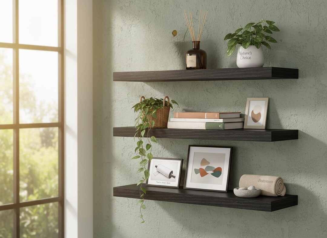 Shelf Set Floating Wall Shelves Set of 3 Black Rustic Wood Shelves Wall Mounted ...