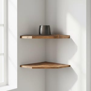 May include: Two wooden corner shelves with a dark brown finish are mounted on a white wall. A dark gray vase sits on the top shelf. The shelves are triangular and designed to fit into a corner.