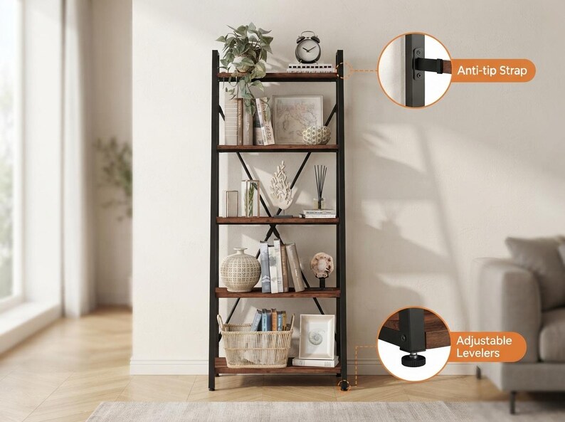 5 Tier Ladder Bookshelf Rustic Oak, Industrial Wood & Metal Bookcase ...