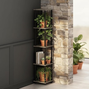 May include: A tall, five-tiered plant stand with a black metal frame and light wood shelves. The stand holds several potted plants with green foliage and terracotta pots. The stand is positioned next to a stone wall.