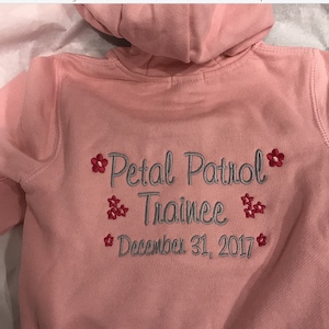 Petal Patrol coat, Flower Girl,  full zip up hoodie jacket - Personalized with name, monogram and title. Great Gift!