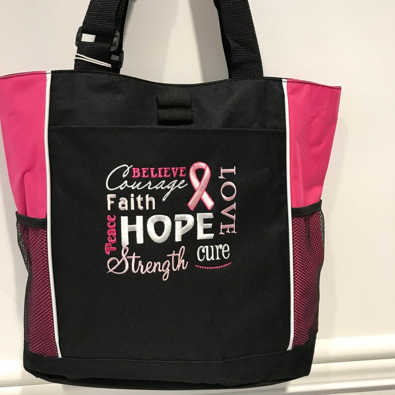 Zippered tote bag Embroidered Monogrammed Tote Bag Cancer Awareness tote bag Breast Cancer Survivor bag