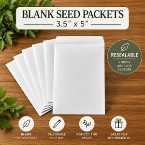 May include: A set of white, rectangular seed packets measuring 3.5 inches by 5 inches. The packets are blank, resealable, and feature a strong adhesive closure. The text on the image includes BLANK SEED PACKETS, 3.5 x 5, and RESEALABLE.