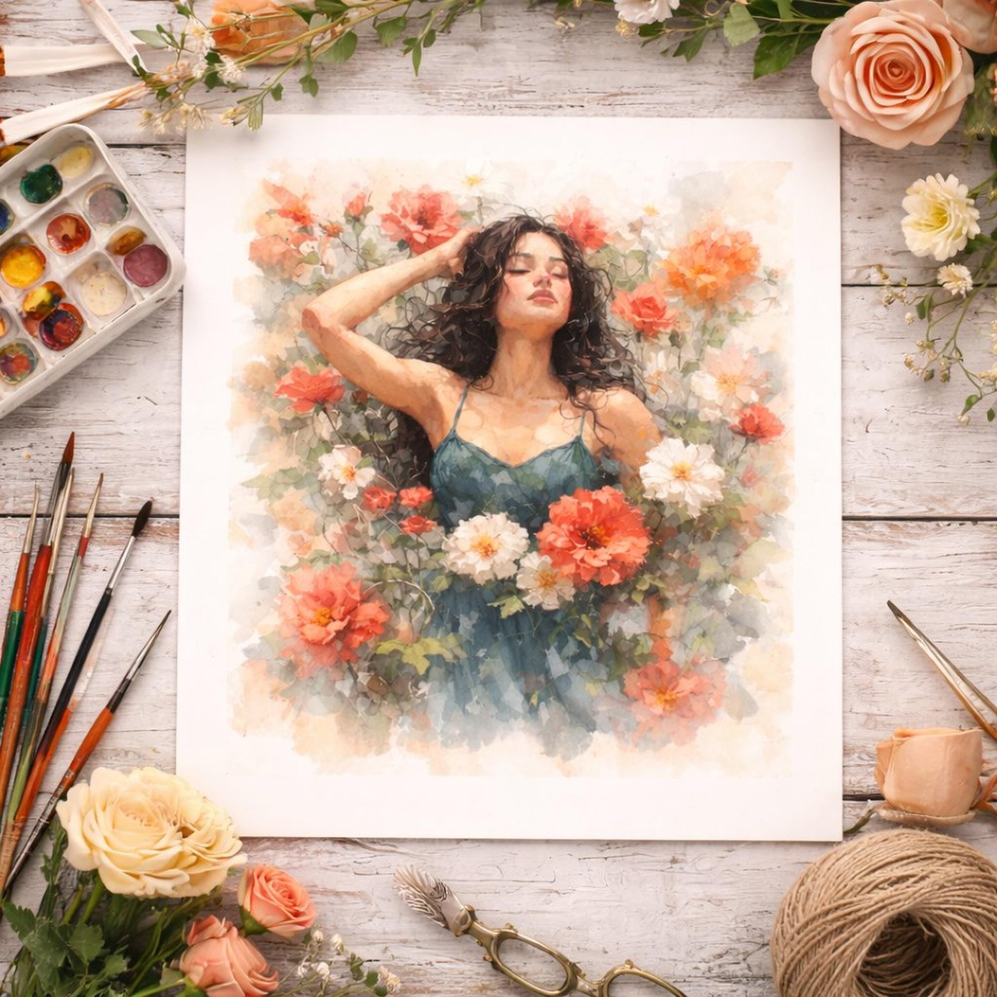Woman in Flowers Wall Art | Watercolor Botanical Floral Print ...