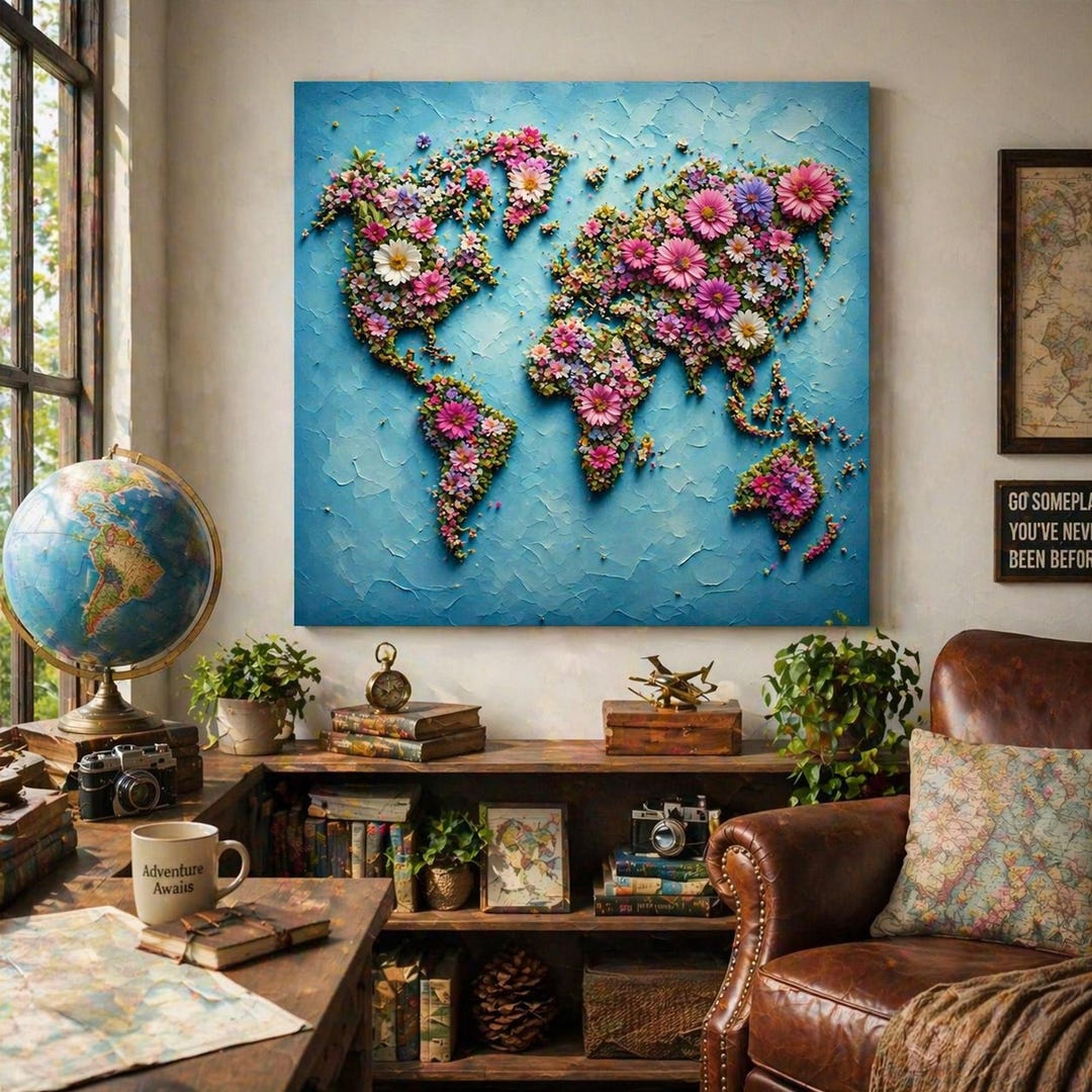 Floral World Map Wall Art Print | Botanical Map Decor | Travel Lover ...