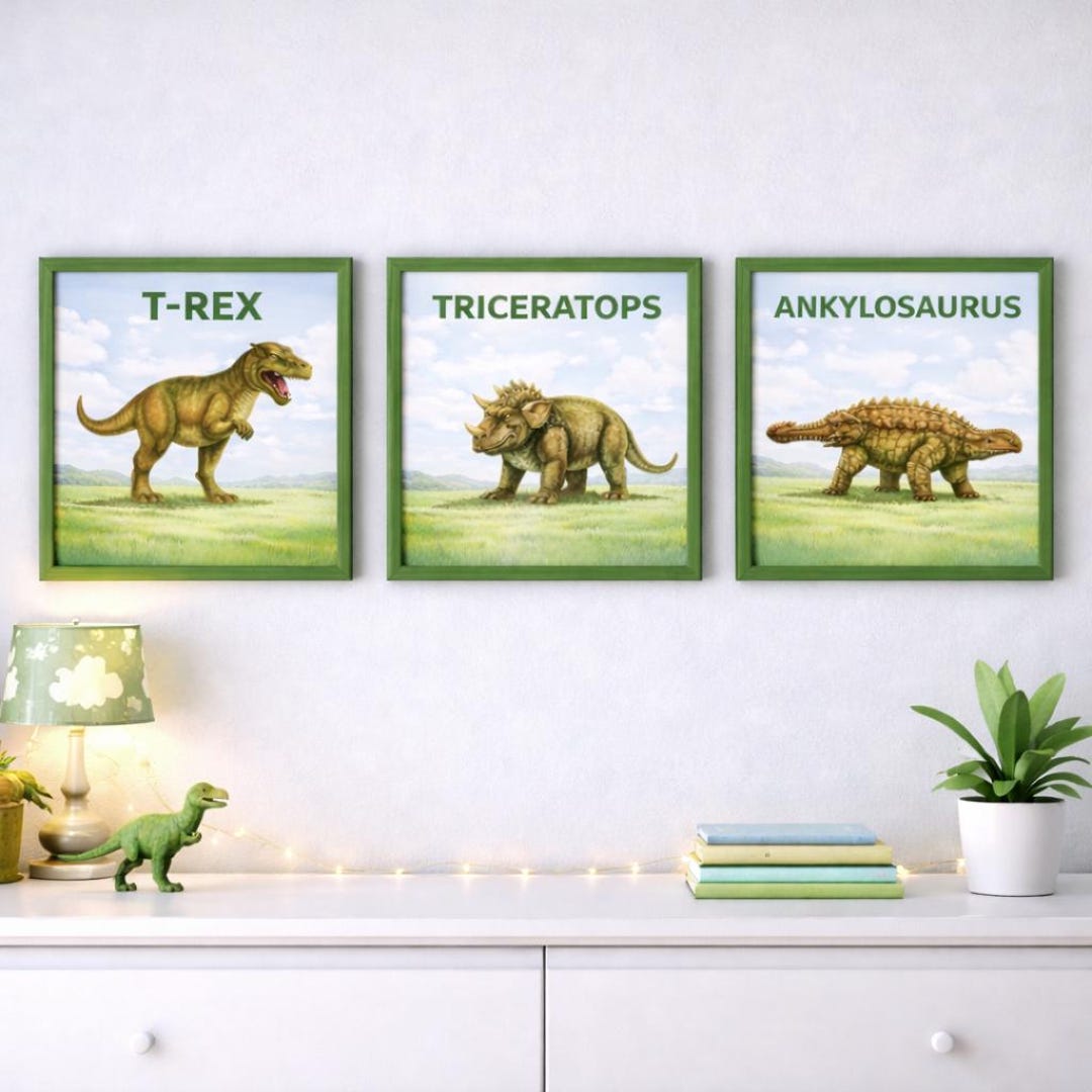 Dinosaur Wall Art Set of 3 | Kids Room Dino Prints | Boys Bedroom Decor ...