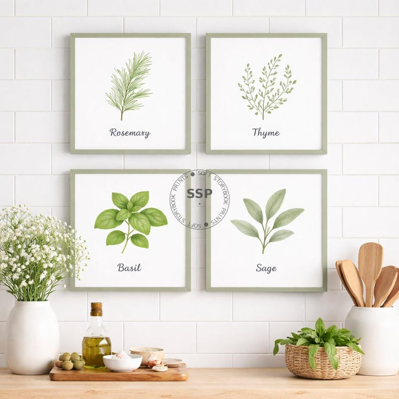 Herb Wall Art Set of 4 | Watercolor Kitchen Herb Prints Rosemary Thyme ...