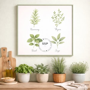 Herb Wall Art Print | Watercolor Kitchen Herbs Rosemary Thyme Basil Sage | Botanical Kitchen Decor | Farmhouse Wall Art | Digital Download