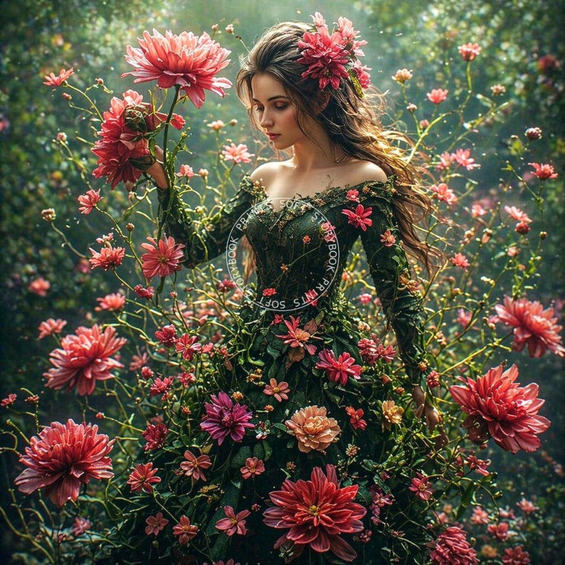 Flower Dress Woman Wall Art | Botanical Fantasy Print | Bedroom Living ...