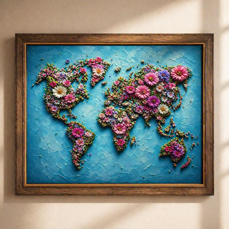 Floral World Map Wall Art Print | Botanical Map Decor | Travel Lover ...