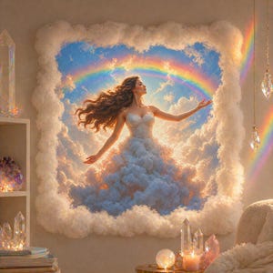 Può includere: Una donna in abito bianco, con le braccia tese, di fronte a un arcobaleno e nuvole. L'immagine è incorniciata da soffici nuvole bianche, con cristalli e candele in primo piano. La scena evoca serenità e fantasia.