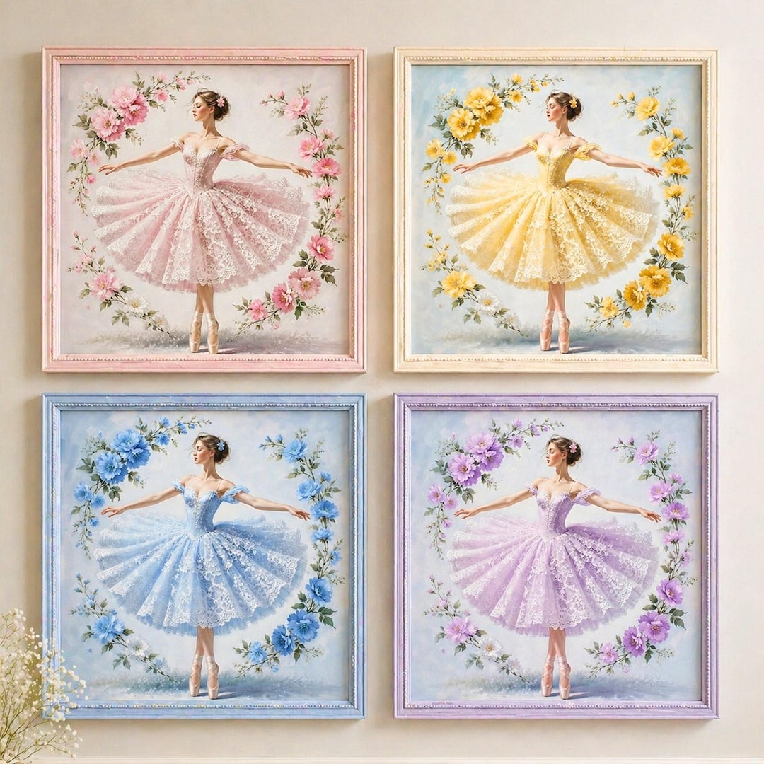 Ballerina Wall Art Set of 4 | Pastel Floral Ballet Print Bundle | Girls ...
