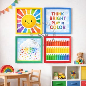 Bunte Spielzimmer Wandkunst 4er Set | Regenbogen Sonne Kreide Wolken Druck | Kleinkind Kinderzimmer Dekor | Vorschule Klassenzimmer | Lehrerin | Herunterladen