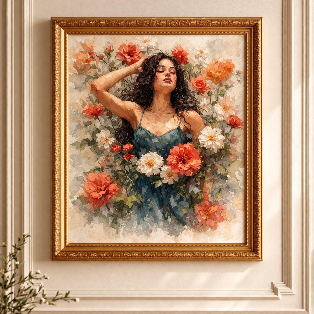 Woman in Flowers Wall Art | Watercolor Botanical Floral Print ...