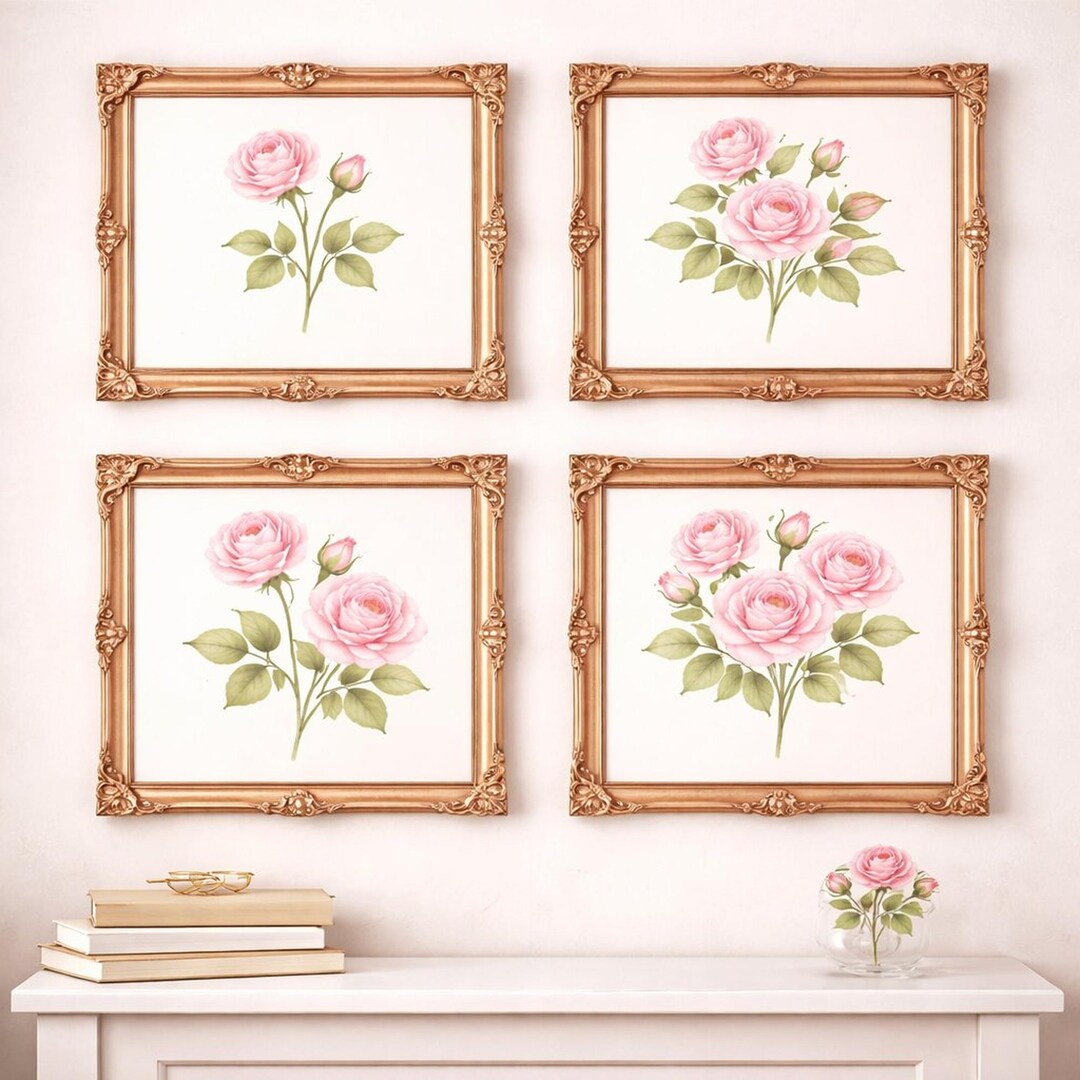 Pink Rose Wall Art Set of 4 | Watercolor Floral Print | Botanical ...