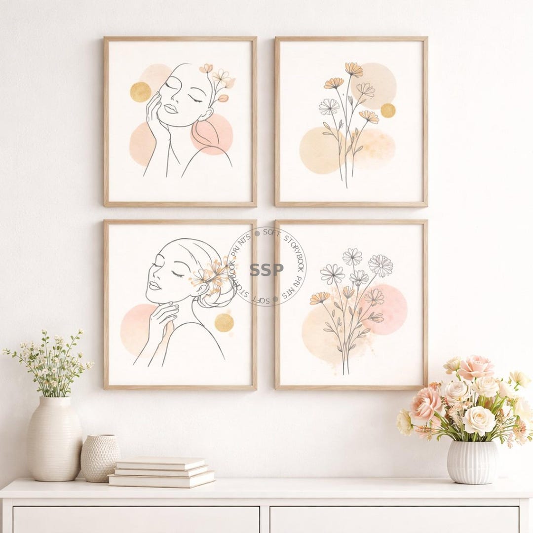 Minimalist Line Art Women Print Set of 4 | Peach Pink Floral Wall Art ...