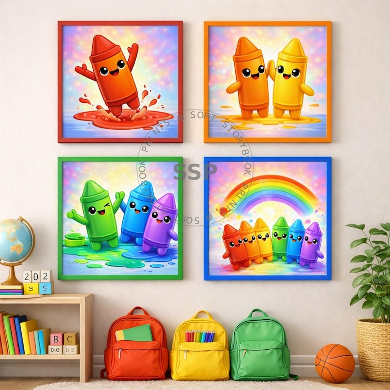 Rainbow Crayon Party Wall Art Set of 4 | Color Learning Prints | Kids ...