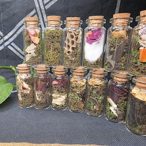 May include: A collection of small glass bottles with cork stoppers, each filled with various natural elements like moss, dried flowers, and small objects. The bottles are arranged on a dark surface, creating a rustic and earthy aesthetic.