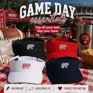 May include: Four visors in black, red, white, and navy blue, each with an elephant logo. The image includes text that says "GAME DAY essentials" and "Top off your look. Rep your team."