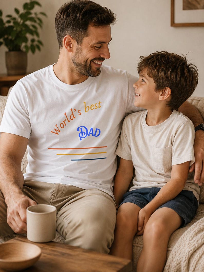 May include: White t-shirt with the text "World's best DAD" in colorful lettering. The shirt is worn by a person sitting on a couch with a child. A beige mug sits on a wooden table in front of them.